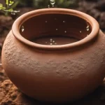 Une poterie ancienne remplie d’eau, un filtre en terre cuite ou une olla enterrée dans un jardin.