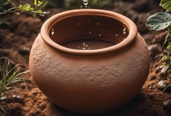 Une poterie ancienne remplie d’eau, un filtre en terre cuite ou une olla enterrée dans un jardin.