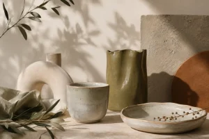 Céramique artisanale en ligne dans un univers naturel aux tons crème, vert olive et terracotta