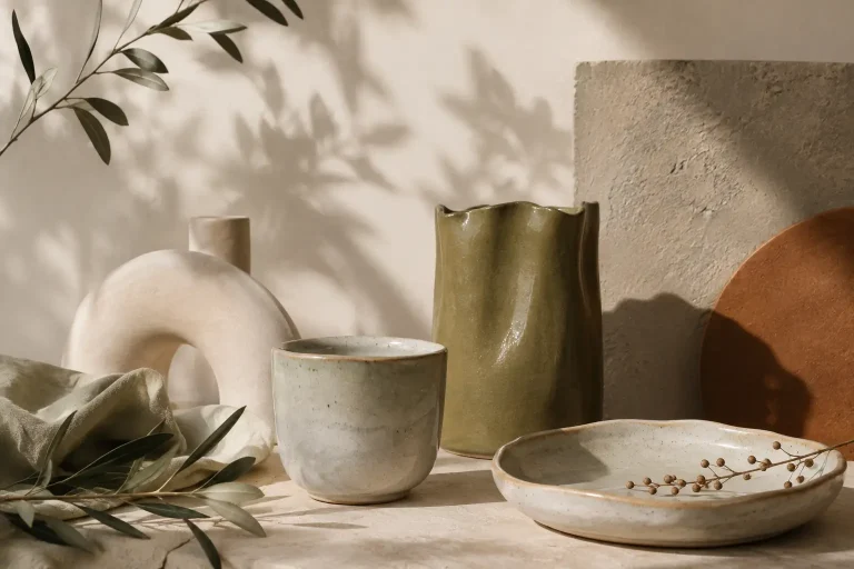 Céramique artisanale en ligne dans un univers naturel aux tons crème, vert olive et terracotta