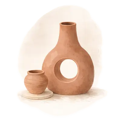Illustration minimaliste d’objets en céramique artisanale façonnés à la main, symbolisant un artisanat durable et la préservation des ressources – Ixèsos