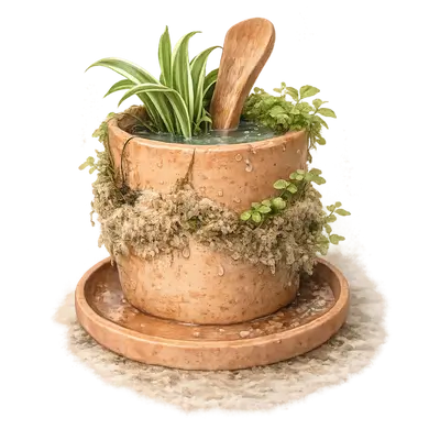 Illustration d’un pot en grès céramique poreux de type oya, conservant l’eau et favorisant une diffusion lente, inspirée de savoir-faire ancestraux pour économiser les ressources – Ixèsos