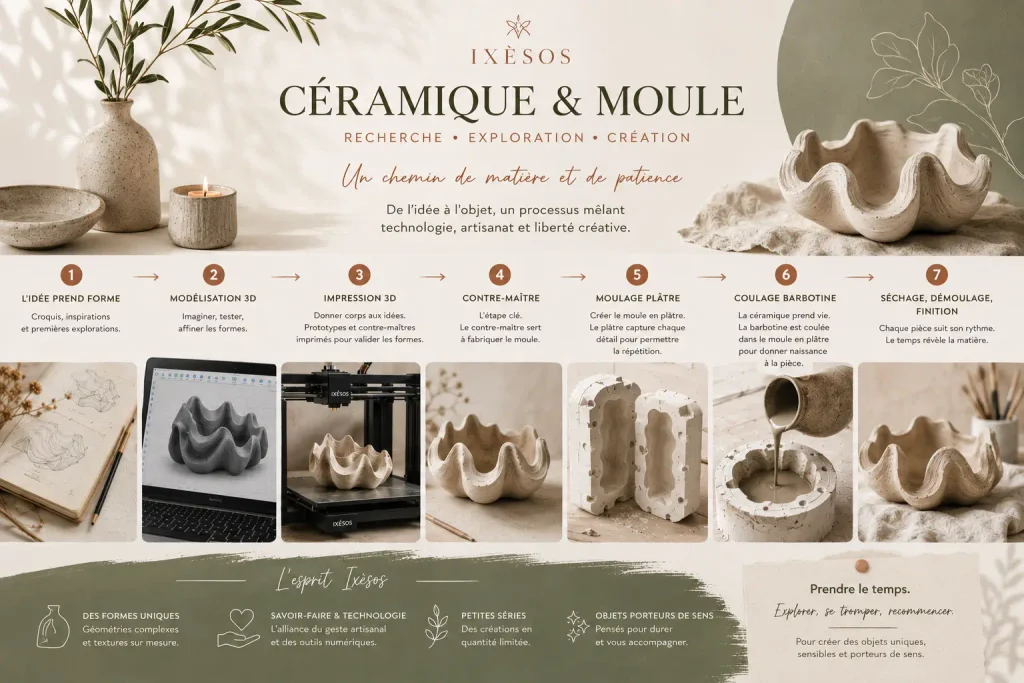 Processus de création d’un moule céramique avec impression 3D, moule en plâtre et coulage de barbotine
