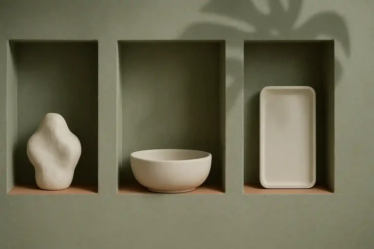 Trois créations artisanales en céramique aux formes et textures différentes dans des alcôves minérales vert sauge