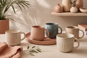Trois tasses en céramique artisanale aux formes, émaux et textures variés, dont une saisie par l’anse pour montrer la prise en main