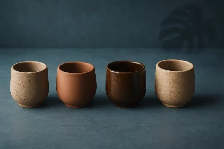 Échantillons de formes et de finitions en céramique artisanale sur une surface minérale bleu gris, illustrant les critères pour choisir une tasse artisanale