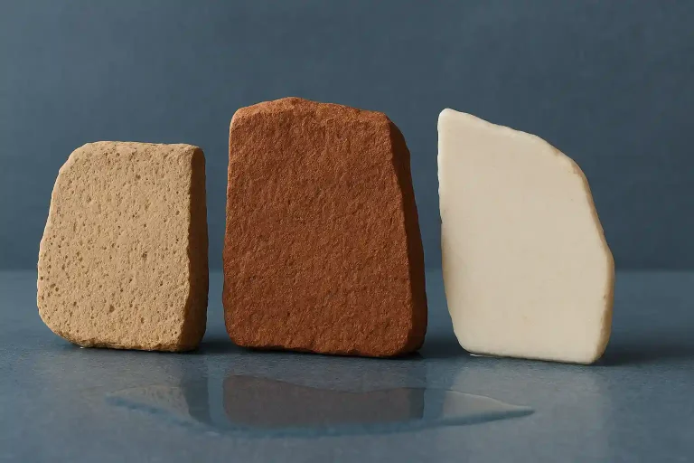 Comparaison artistique de fragments de grès, de faïence et de porcelaine sur une surface minérale bleu gris, avec reflets d’eau