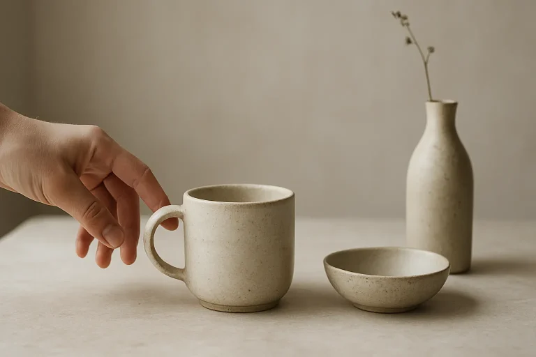 Trois objets en céramique artisanale aux formes et finitions variées, avec une main choisissant une tasse sur une table naturelle