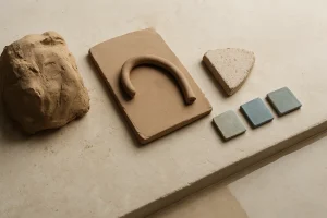 Progression de matières céramiques artisanales, de l’argile brute aux échantillons d’émail, illustrant les étapes de fabrication d’une tasse