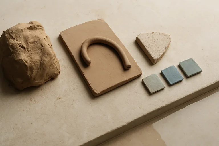 Progression de matières céramiques artisanales, de l’argile brute aux échantillons d’émail, illustrant les étapes de fabrication d’une tasse