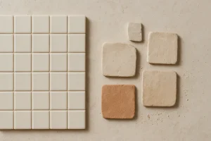 Comparaison visuelle entre des carreaux de céramique industrielle réguliers et des échantillons de céramique artisanale aux variations de forme et d’émail