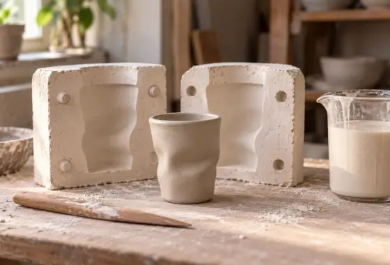 Reconstitution d’un prototype de tasse en argile devant un moule en plâtre et un récipient de barbotine