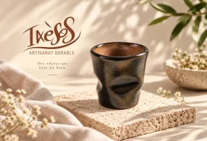 Tasse en grès artisanale ANCRAGE en petite série, émail sombre effet hématite – Ixèsos