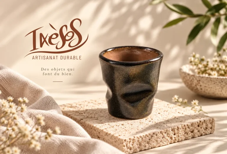 Tasse en grès artisanale ANCRAGE en petite série, émail sombre effet hématite – Ixèsos