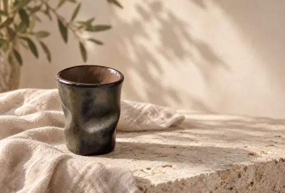 Tasse artisanale Ixèsos à l’émail sombre, posée sur une pierre claire près d’un tissu en lin